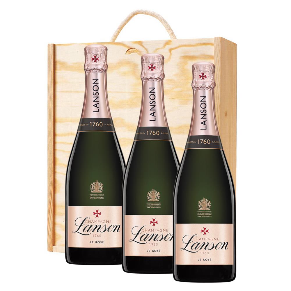 3 x Lanson Le Rose Champagne 75cl In A Pine Wooden Gift Box